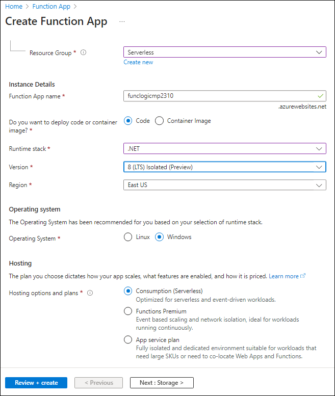 Screenshot displaying the configured settings on the Create Function App blade