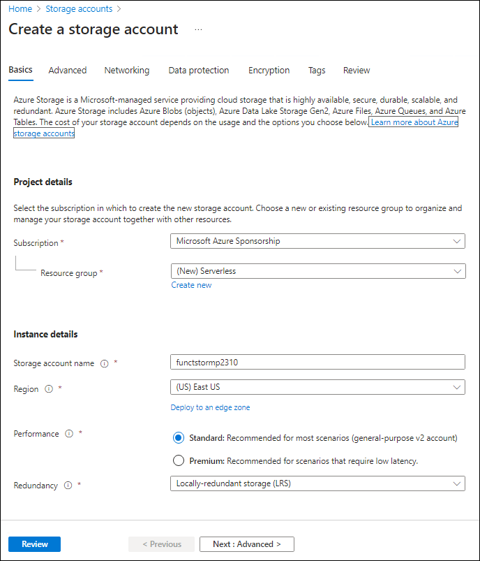 Screenshot displaying the configured settings on the Create a storage account blade