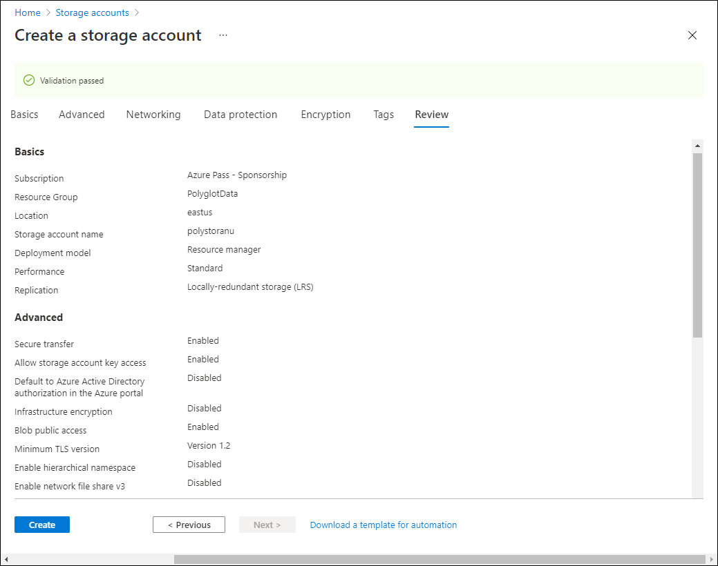 Screenshot displaying the options configured for creating an Azure storage account