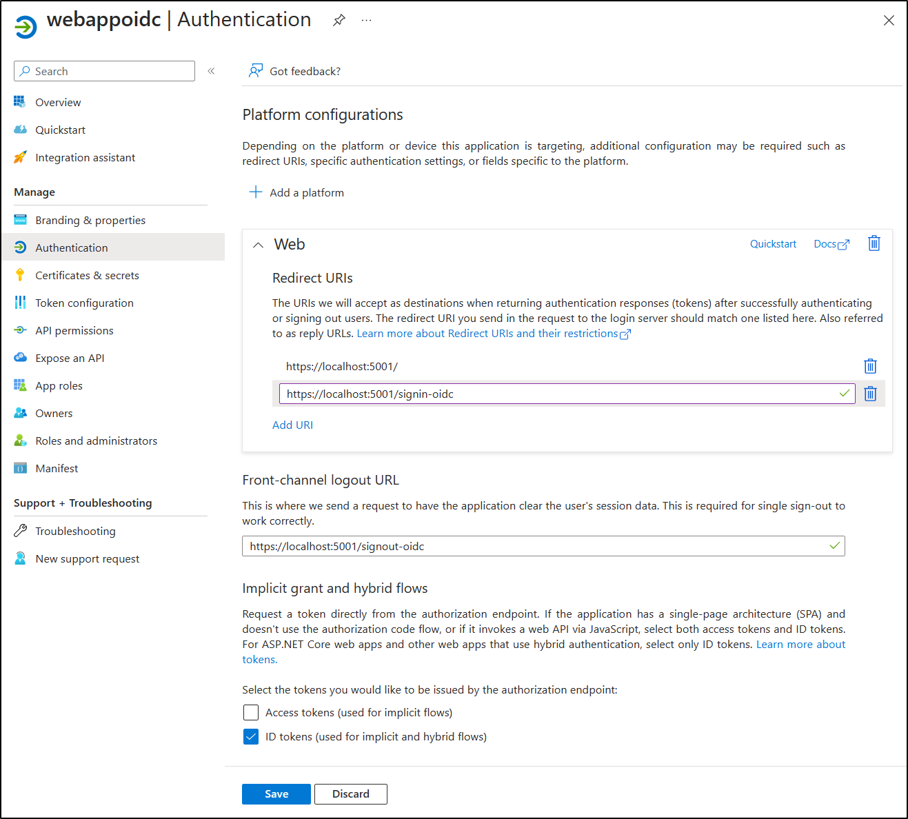 Screenshot displaying the options configured on the Authentication blade.