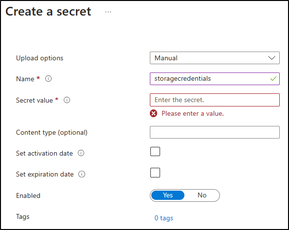 Screenshot displaying the configured settings on the Create a secret blade