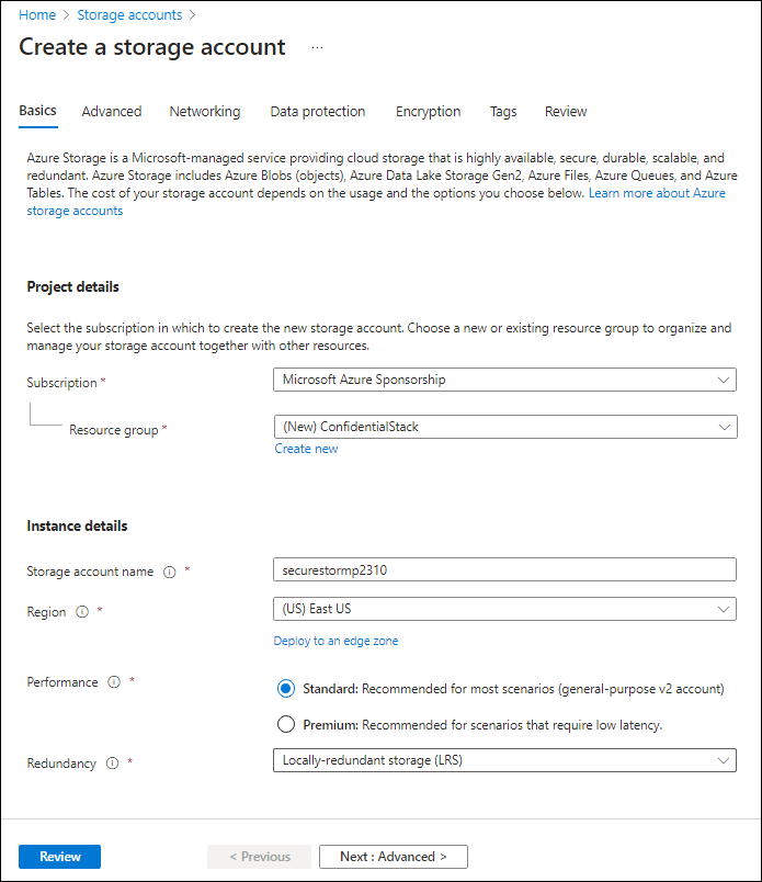 Screenshot displaying the configured settings on the Create a storage account blade