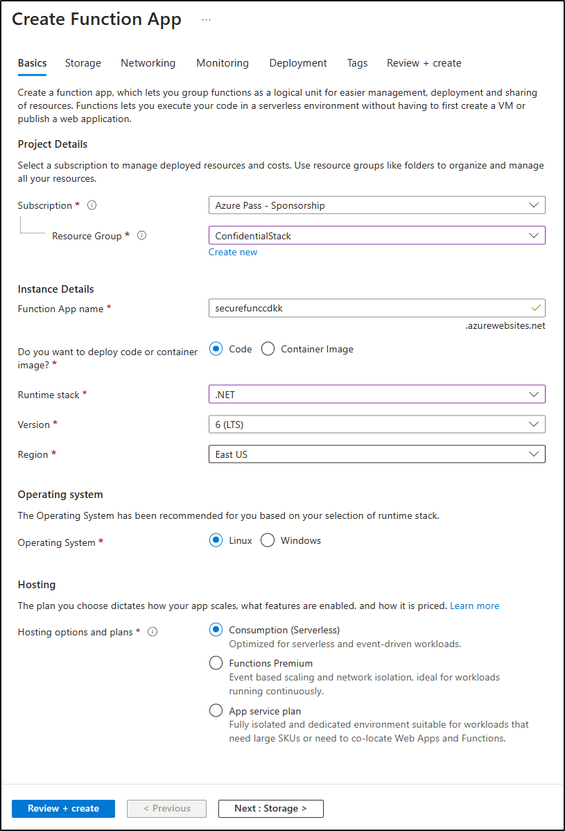 Screenshot displaying the configured settings on the Create Function App blade