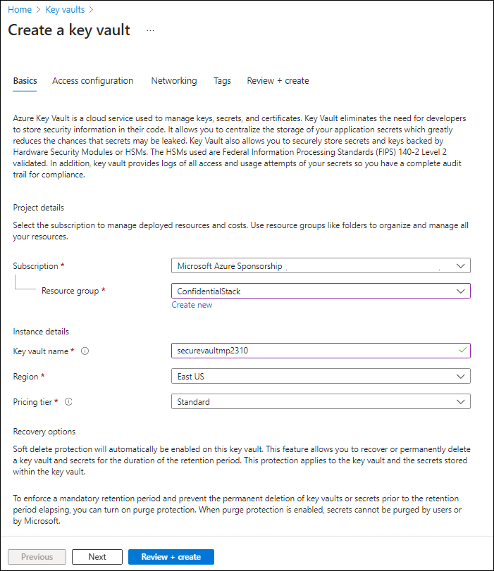 Screenshot displaying the configured settings on the Create key vault blade