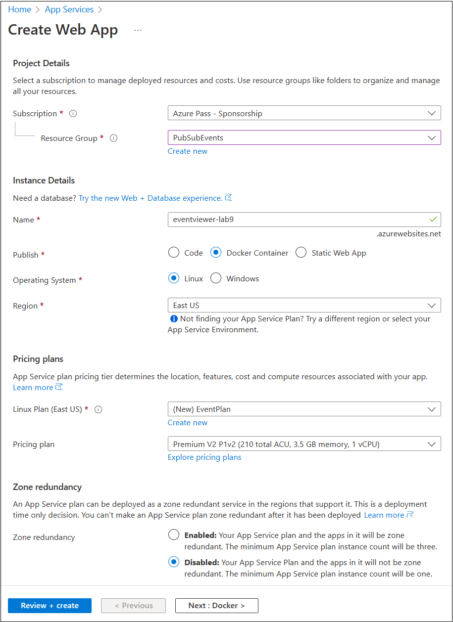 Screenshot displaying the configured settings on the Create Web App blade