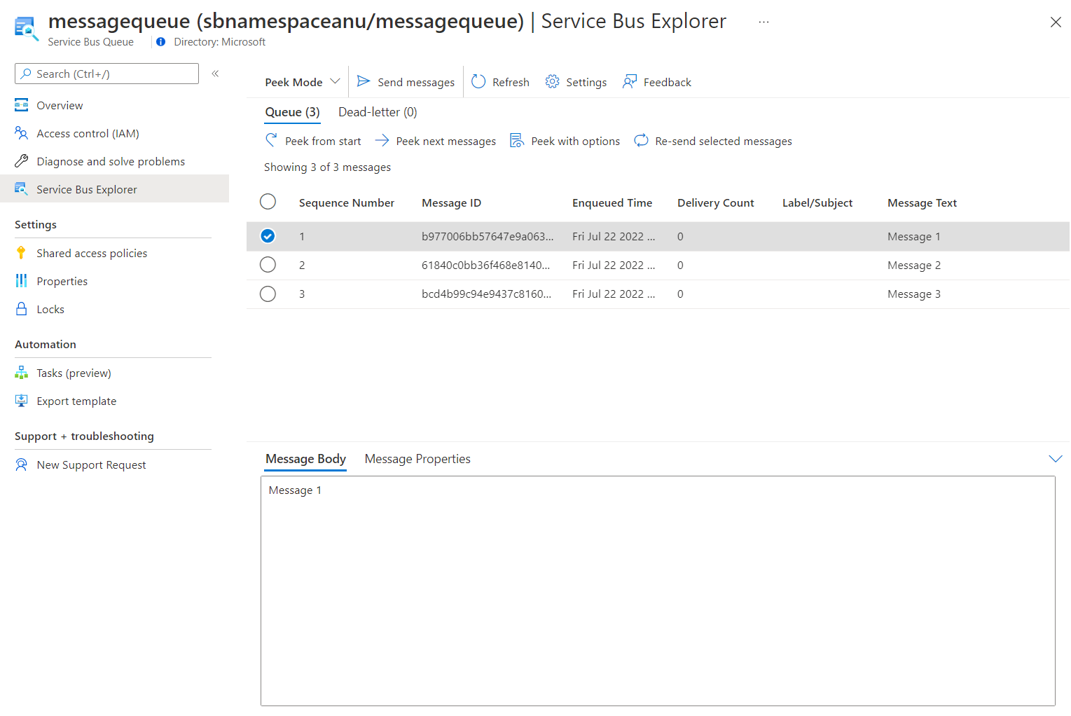 Service Bus queue content in Service Bus Explorer