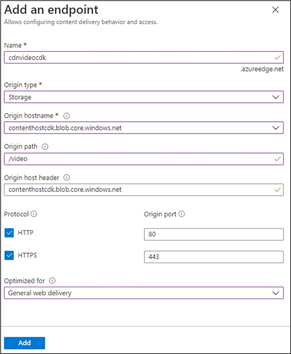 Screenshot displaying the configured settings in the Add an endpoint dialog box.